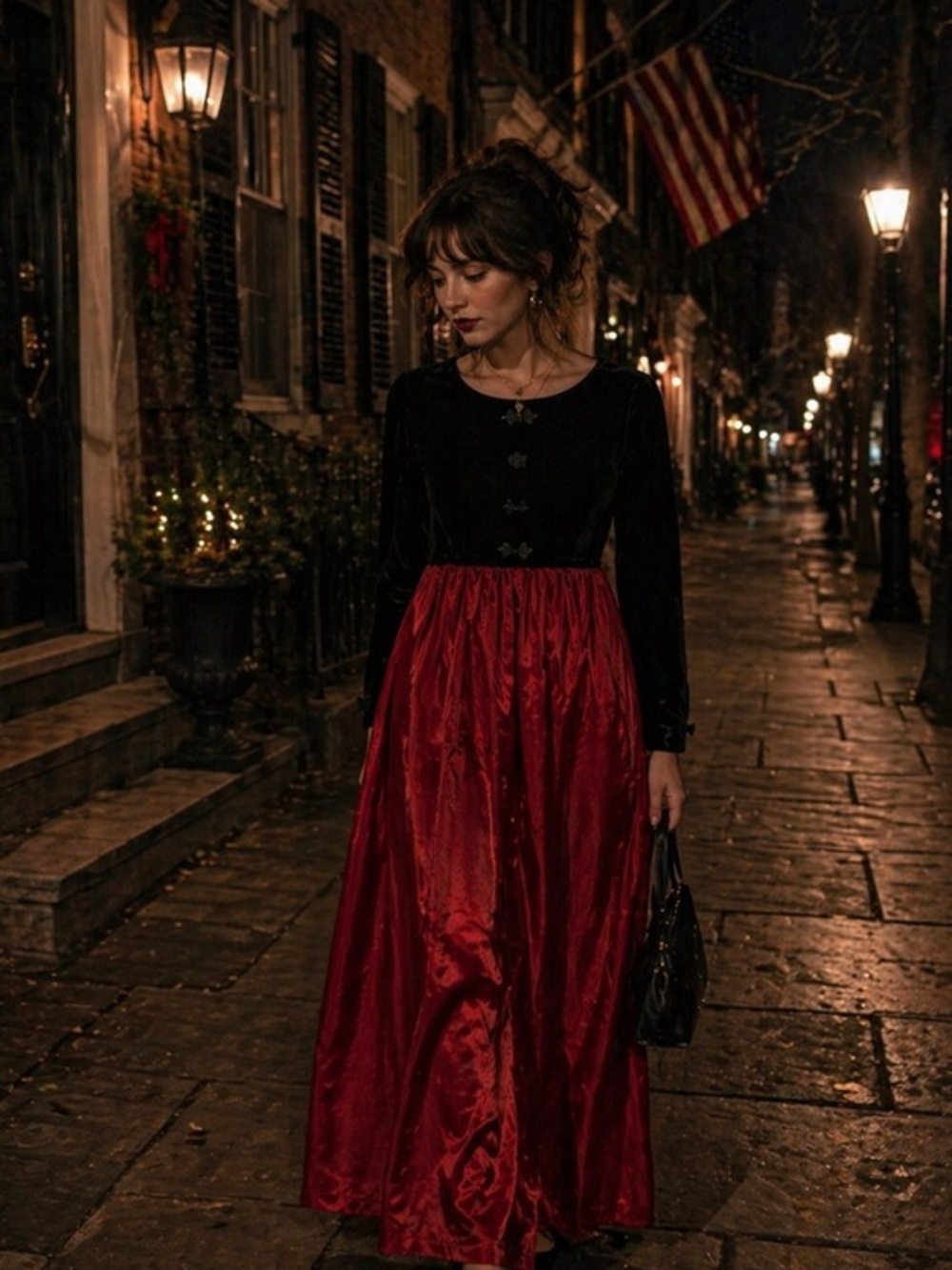 Vintage Black Velvet Red Satin Maxi Whimsigoth Gothic Dark Academia Fairycore 8